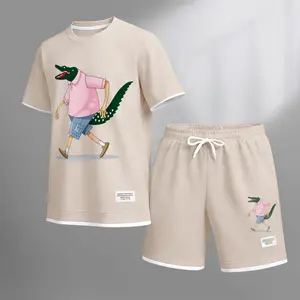 Men's spring and summer 2-piece set with fun prints, featuring a short-sleeve top and drawstring shorts. Perfect for daily wear, workouts, travel, and casual outings. Comfortable, stylish, and easy to wear for a relaxed summer look Shortsleeve