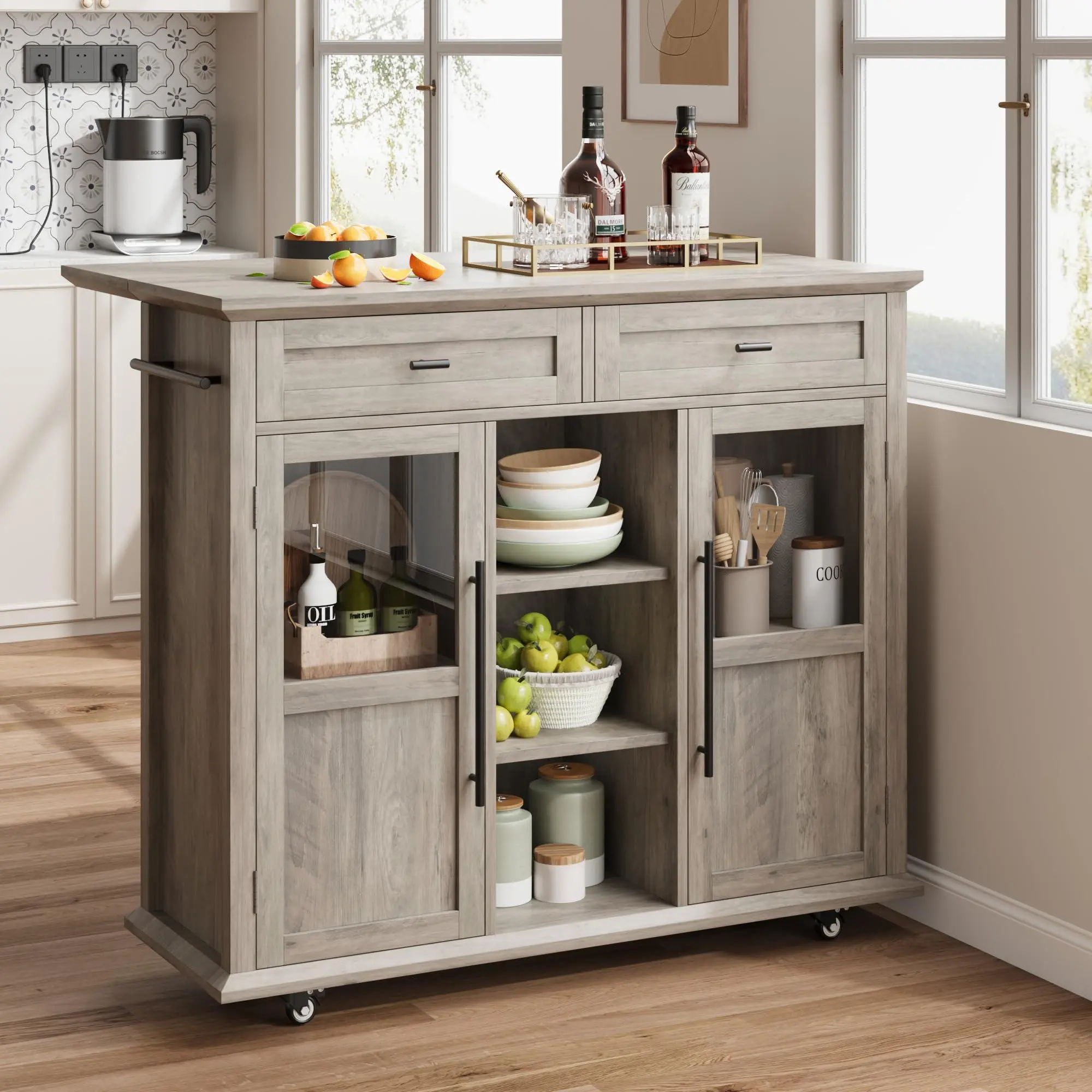 [GAOMON]Farmhouse Rolling Kitchen Island - 41 in Mobile Table with Drop Leaf, 2 Glass Door Cabinets, 3 Open Shelves & 2 Storage Drawers (Gray)