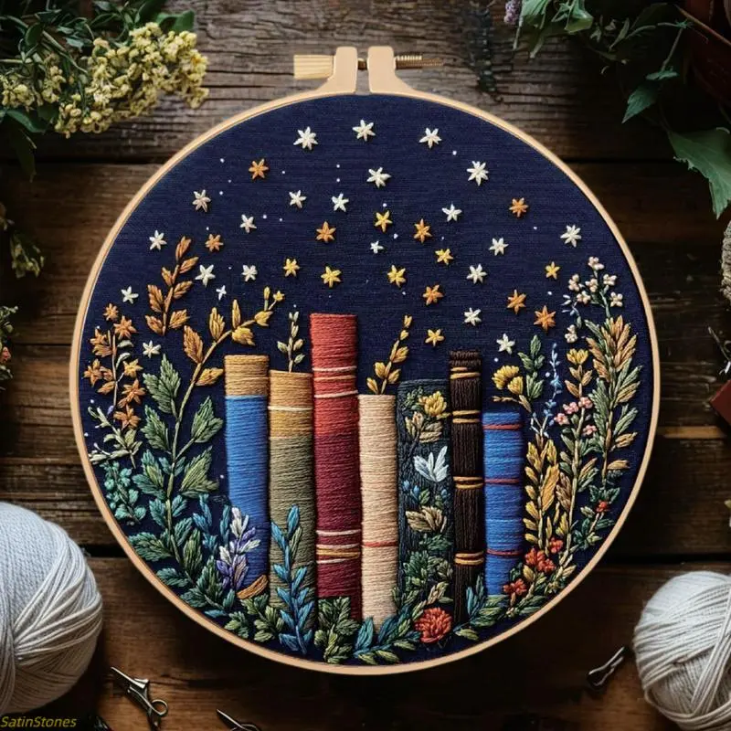 Floral Embroidery Kit for Beginners, Starry Book Themed Embroidered Floral Design, Hand-Stitched Craft Set with Guide for Home Decor