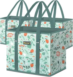 3Pk Reusable Grocery Bags, Foldable Shopping Bags for Groceries with Reinforced Bottom & Handles (Spring Stroll)