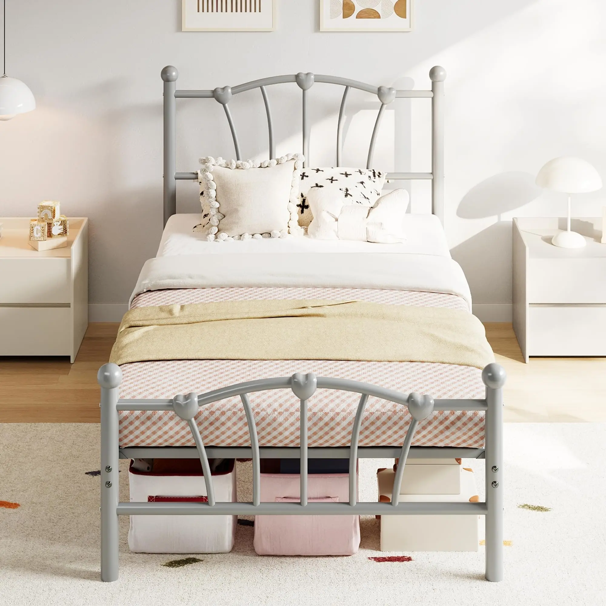 Garvee Twin Size Metal Bed Frame with Heart-Shaped Headboard and Footboard, Heavy-Duty Platform Design, No Box Spring Needed, Noise-Free and Easy Assembly, Stylish Grey Finish