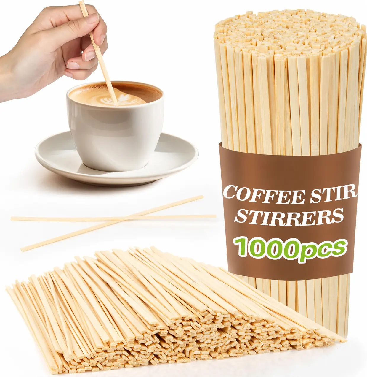 1000pcs Wooden Coffee Stirrers - Coffee Stir Sticks Disposable | Bamboo Swizzle Stick for Beverage, Coffee, Hot Chocolate, Milk, Juice, Cocktail, Party Drink Stirring, Coffee Bar Need, 5.5''