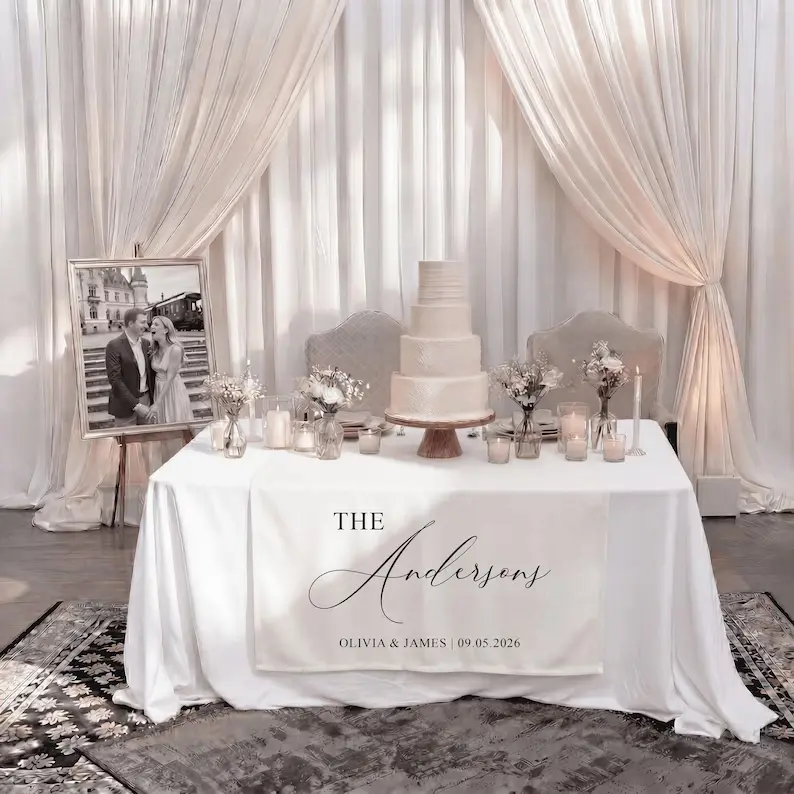 Wedding Table Runner Linen, Personalized Custom Banner, Name Decor Sweetheart Reception, Elegant Fabric Sign, Signature Drink Wedding Sign, wedding decor