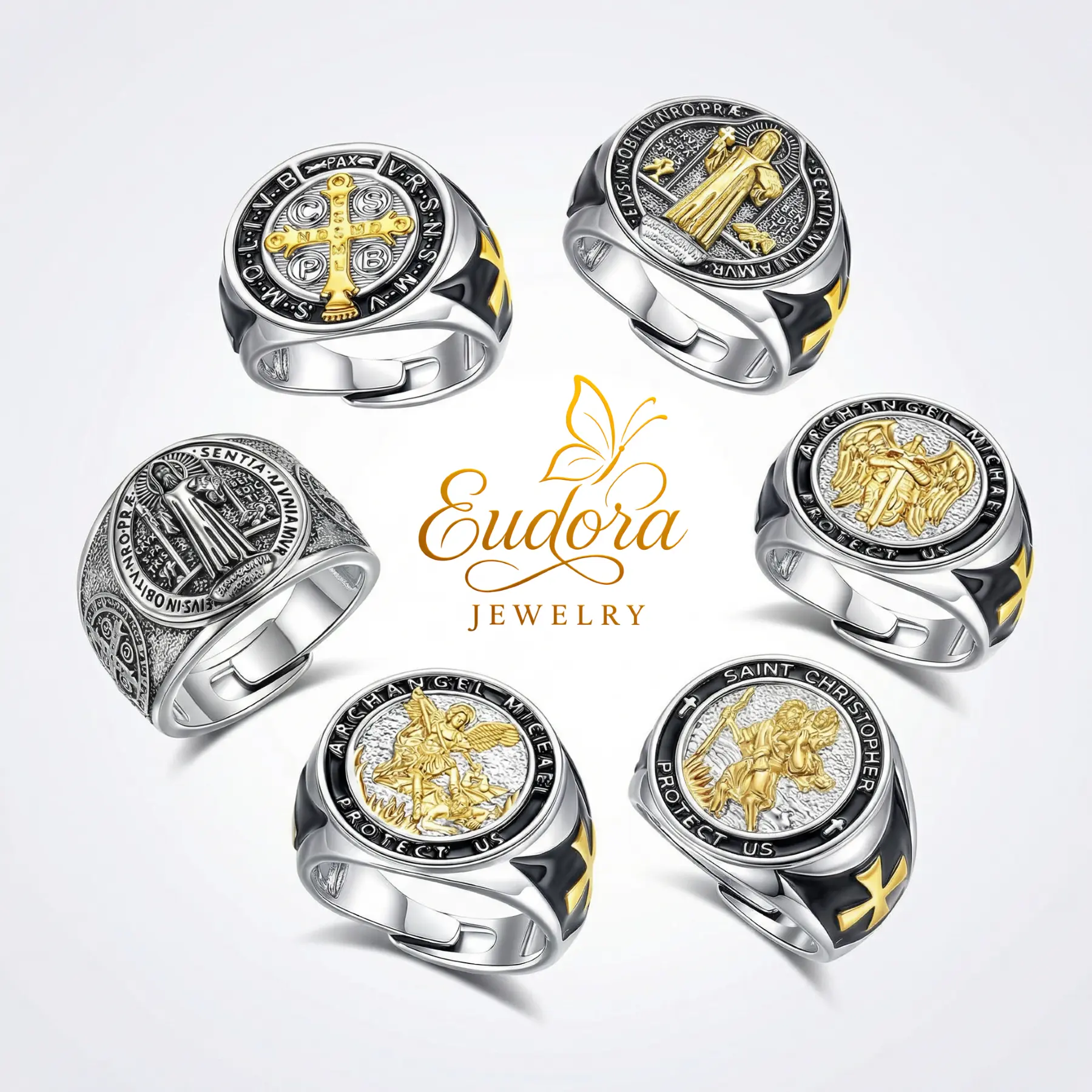 Eudora Saint Benedict Ring, Silver-Plated Protective Statement Ring, Vintage San Benito Cross for Men Adjustable Religious Jewelry