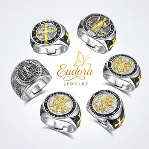 Eudora Saint Benedict Ring, Silver-Plated Protective Statement Ring, Vintage San Benito Cross for Men Adjustable Religious Jewelry