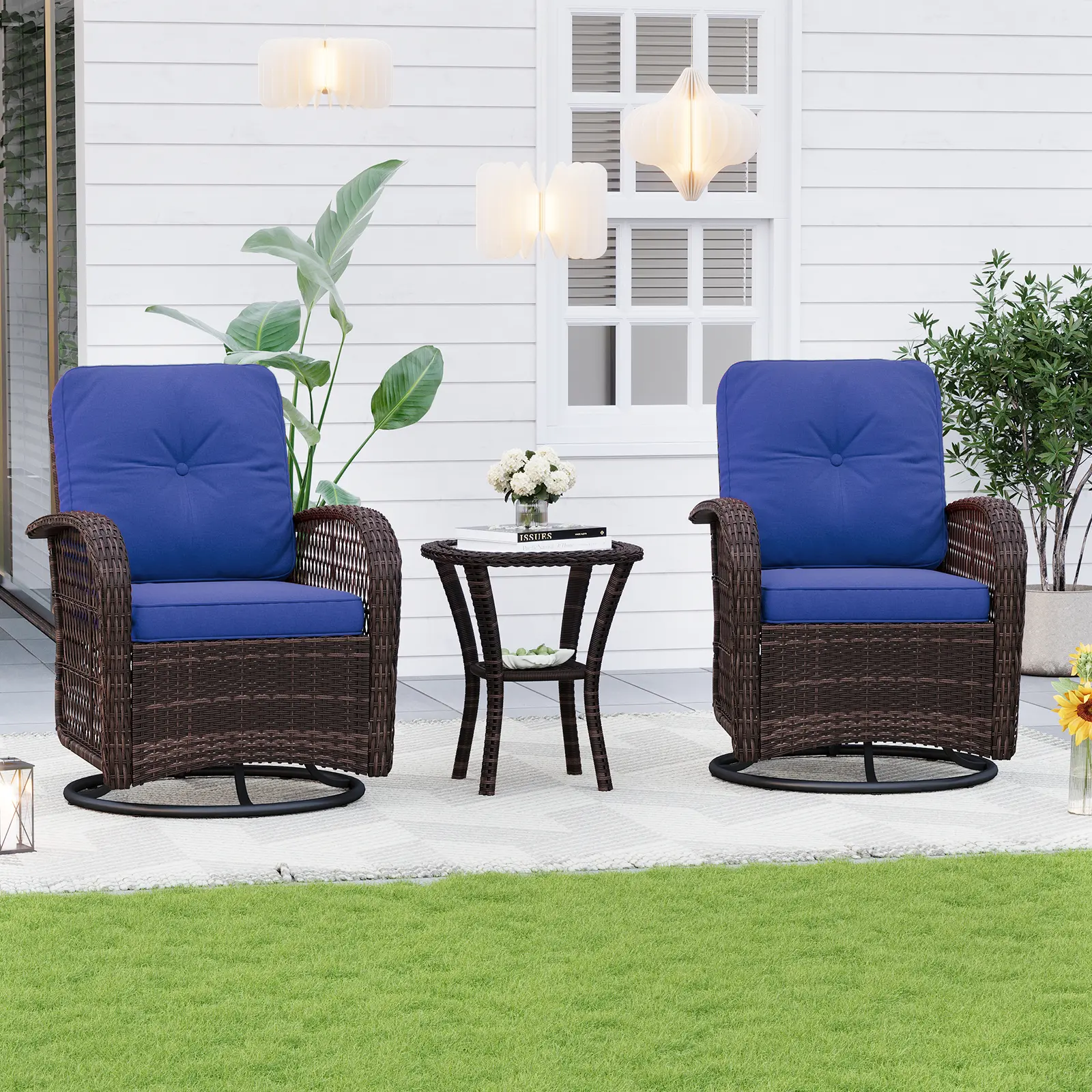 AOXUN Patio Conversation Set - 2 Swivel Rocker Chairs, Wicker Bistro Table with Thick Cushions, Stable FSC Acacia Rattan Outdoor Set for Deck, Front Porch, Poolside, Swivel Glide