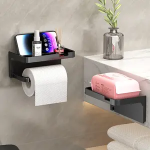 Wall-Mounted Toilet Paper Holder with Shelf & Phone Stand, Plastic Material, Self-Adhesive Design, No Drilling Required, Bathroom Roll Dispenser, Bathroom Organizer, Bathroom Accessory, Bathroom Organizer Supplies, Bathroom Organizing Accessories