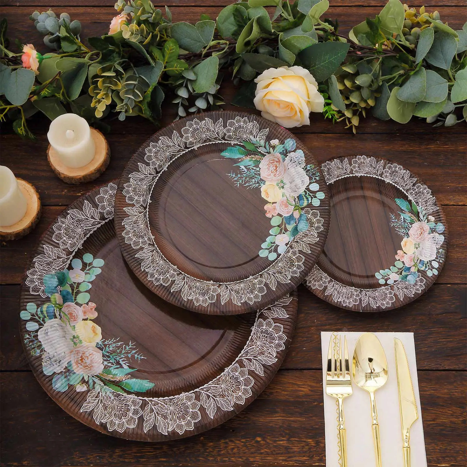 25-Pack Disposable 10" Round Paper Dinner Plates, Brown Wood Print with Floral Lace Rim - Party Supplies, Disposable Dinnerware for Farmhouse Weddings, Rustic Themes