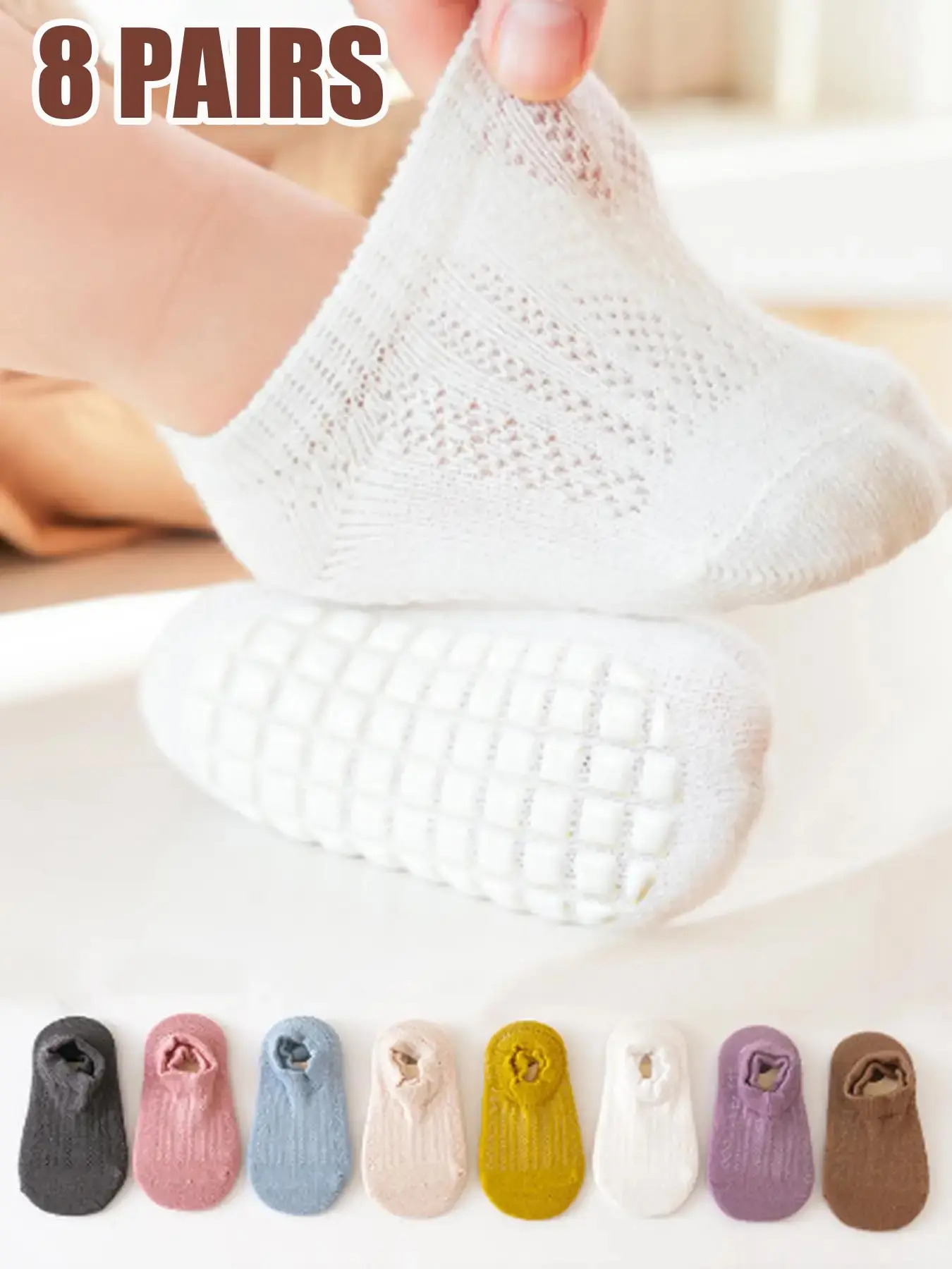 8 Pair Set Non-Slip Focus Socks, Toddler Socks With Grips, Summer Short Ankle Socks for Babies, Breathable Baby Floor Socks for Learning to Walk, Mesh Grid Socks
