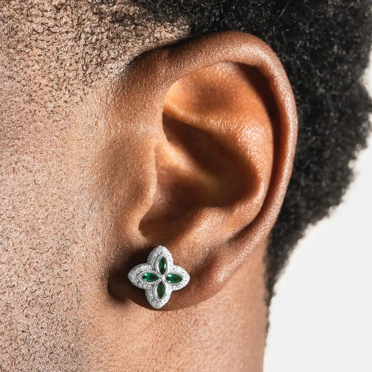 Iced Out Four Leaf Clover Emerald Stud Earrings for Men and Women Hypoallergenic S925 Sterling Silver Post Earrings for Women