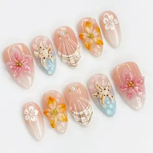 30pcs 3D Ocean Press on Nails, Medium Almond Shape, Starfish & Shell Design, Reusable Customizable False Nails for Women, DIY Nail Art