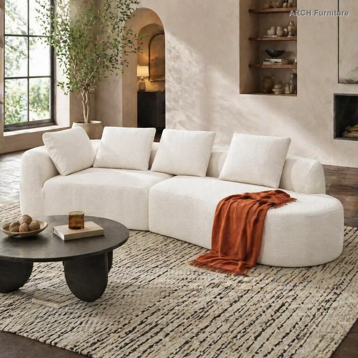 Modern Upholstered Corner Loveseat - 116-in Arch 2-Piece Right-Hand Facing Chaise Lounge with Pearl Fabric, High-Density Compressed Sponge, Right-Hand Arm, 5-Seat Fully Assembled Indoor Living Room Chic Arch Sofa Set, Modern Upholstered Sofa