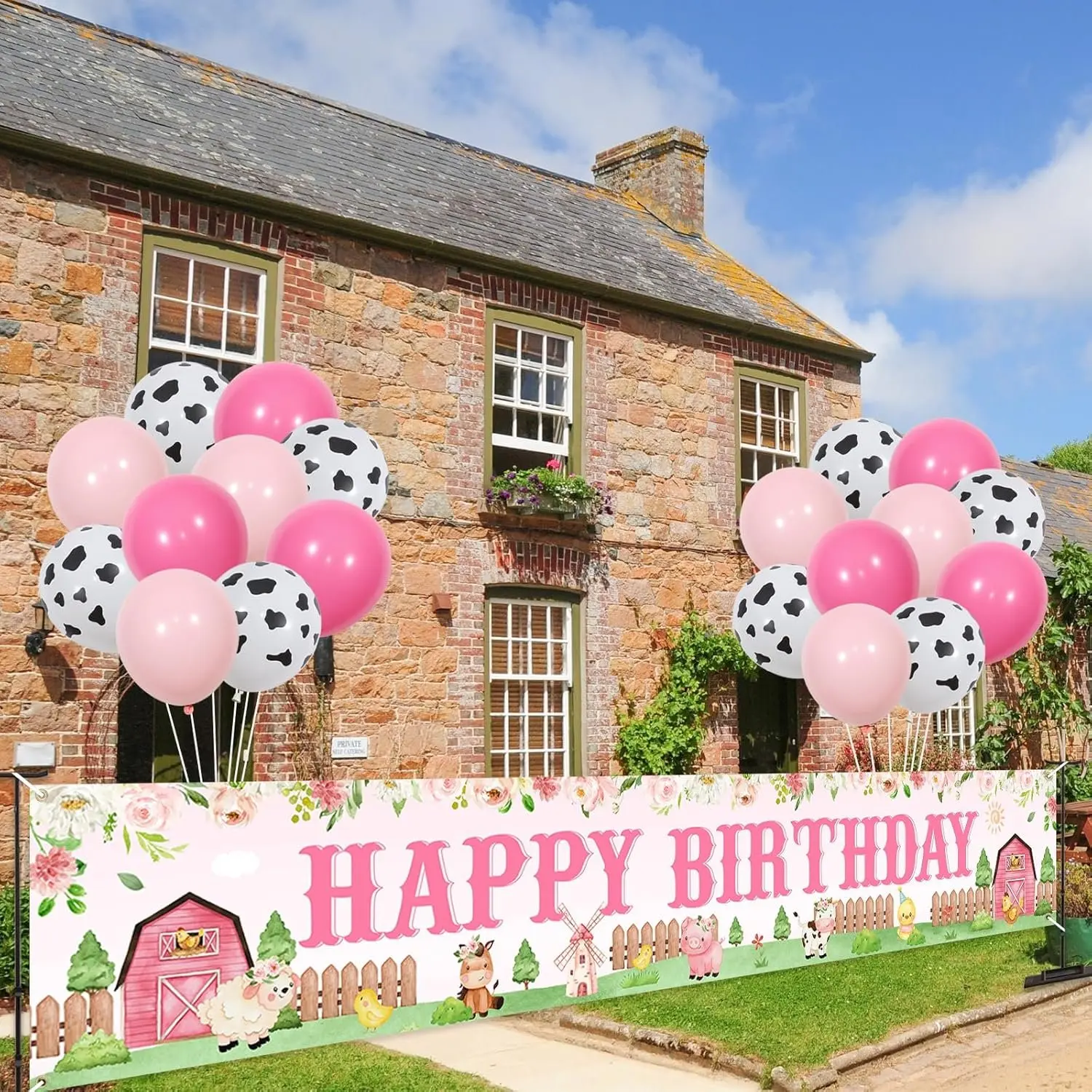 Pink Farm Animal Happy Birthday Decoration Set, Girls' Barnyard Theme Party Supplies with Banner & Latex Printed Balloons for House & Garden