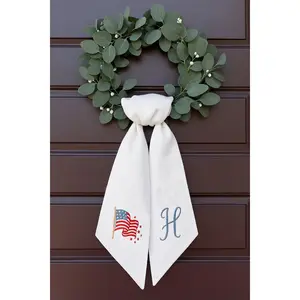 Personalized Flag Hand Embroidered Patriotic Wreath Sash, Handmade Linen Wreath Bow, 4th of July/Memorial Day Door Decor, Housewarming Gift