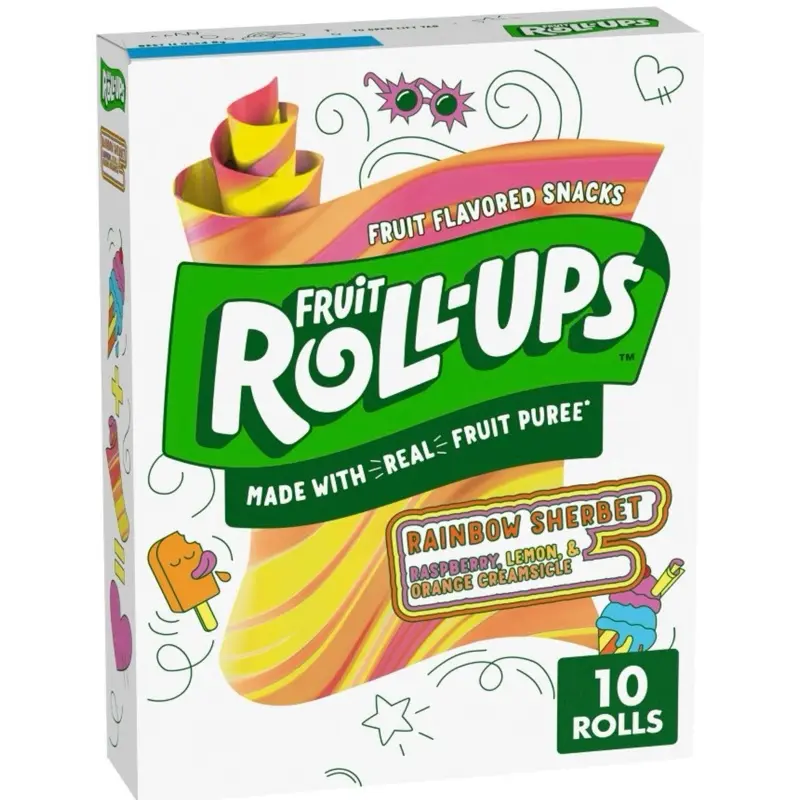 Fruit Roll Ups Rainbow Sherbet Raspberry, Lemon, & Orange Creamsicle Flavor- 1 Box 10 rolls