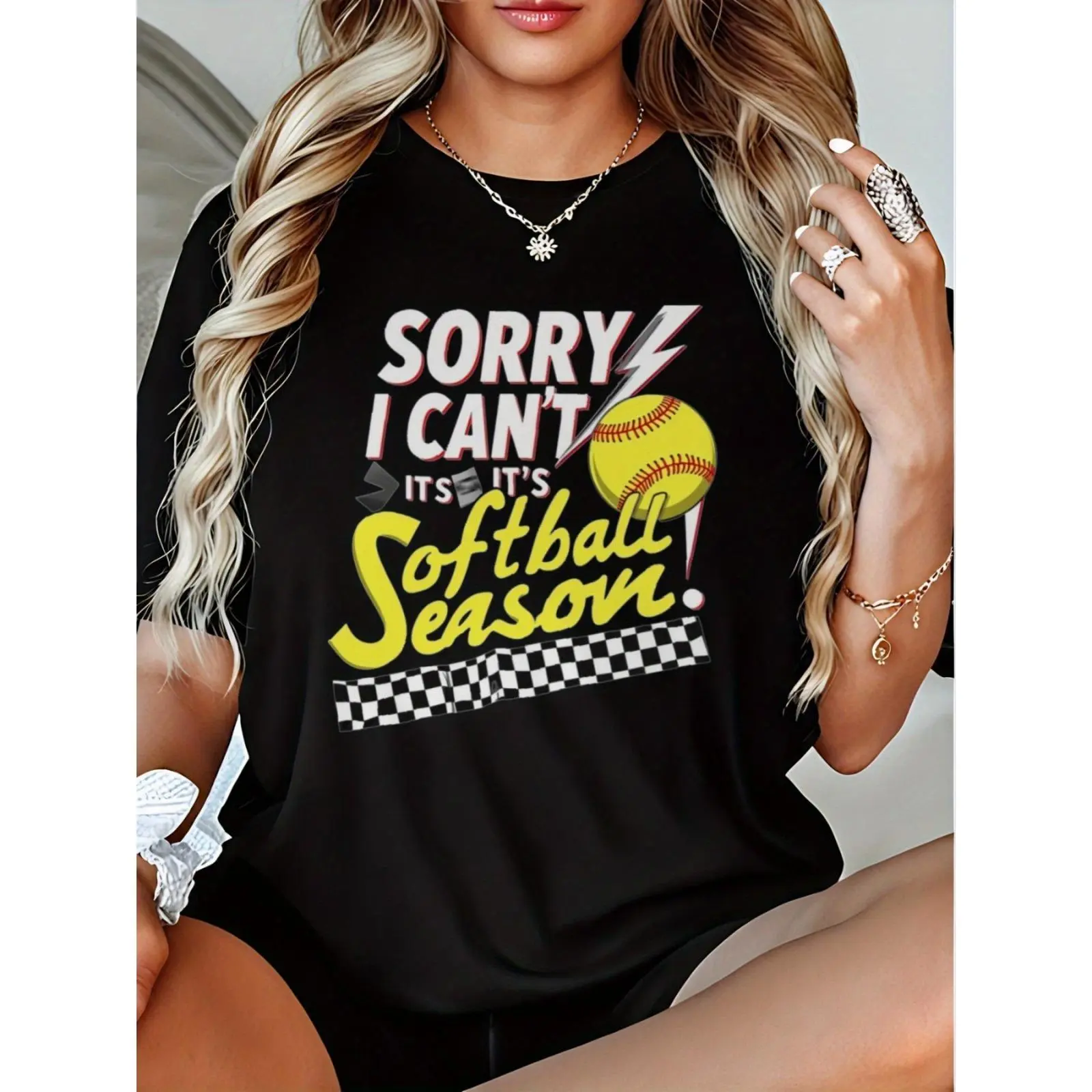 Women's 180gsm Heavyweight Cotton Basic Short-Sleeve Tee Top - Funny "Sorry I Can't It's Softball Season" Digital Print, Baseball & Lightning Bolt Design, Breathable, Fitted, Team Spirit Gift, Joggers-Matching Fabric, Casual Player Essential, Shortsleeve,