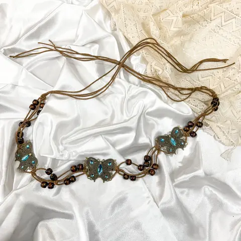 Women's Handmade Beaded Belt - 41 Inches Female Handmade Rhinestone Belt, Bohemian Butterfly Knot Charm, Wicca Aesthetic Vintage Witch Waist Accessory, Y2K Costume Jewelry