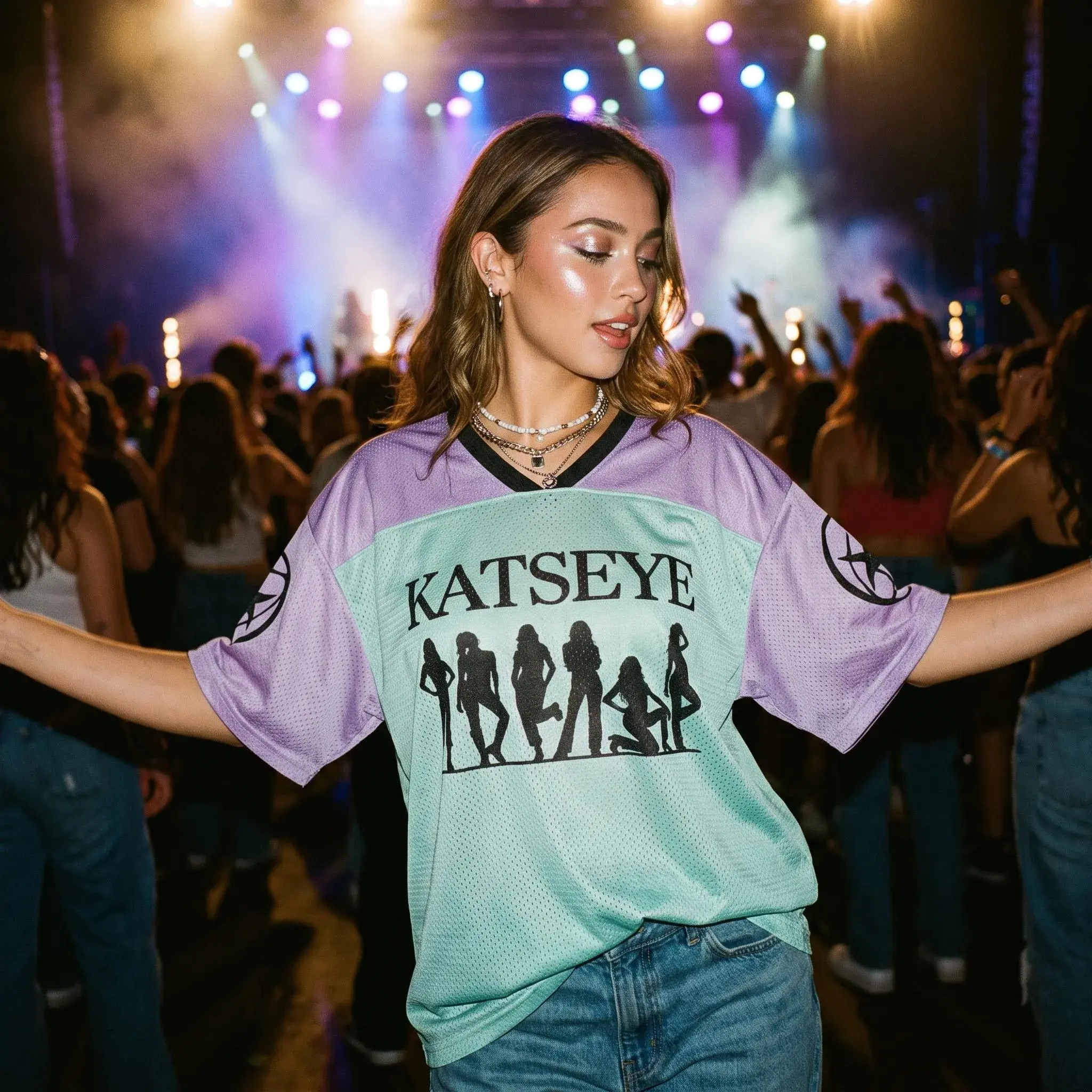 KATSEYE Members Silhouette Purple Mint Jersey - Y2K Oversized Football Shirt, Soft Breathable Mesh V-Neck Tour Merchandise for Women & Men, Cute Trendy Streetwear Outfit for K-Pop Concerts