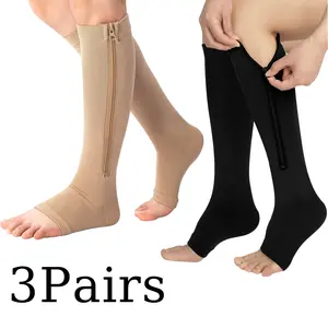 3 Pairs Nylon Zipper Compression Socks – 20-30mmHg Open Toe – Calf & Knee High – Graduated Support for Men & Women Athletic Running – Comfortable Leg Support
