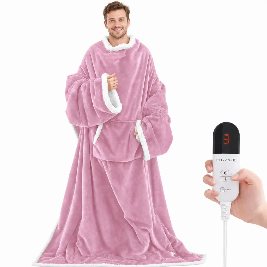 JOLLYVOGUE Sherpa Fleece Wearable Heated Blanket (Pink, 50x70 in) - Electric Throw with Sleeves, Foot Pocket, 7 Heat Control Settings, 4h Auto Shut-Off for Adult Users, Birthday Gift