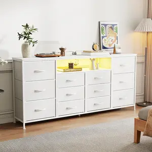Dresser for Bedroom with 12 Drawers & Power Outlet,75" LED TV Stand for 65 Inch TV, Long Chest of Drawers with Open Shelves, Sturdy Fabric Dresser Tower for Living Room, Closet, Nursery