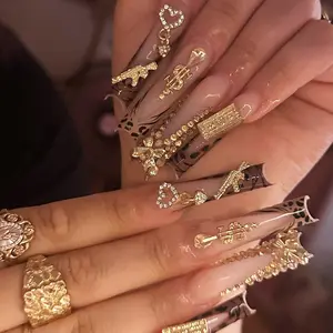 24 Pcs Long Square Nail Tips, Leopard Print Wave Edge, 3D Accessories, Rhinestone Decorated Heart & Bead Chain, Y2K Glossy False Nails