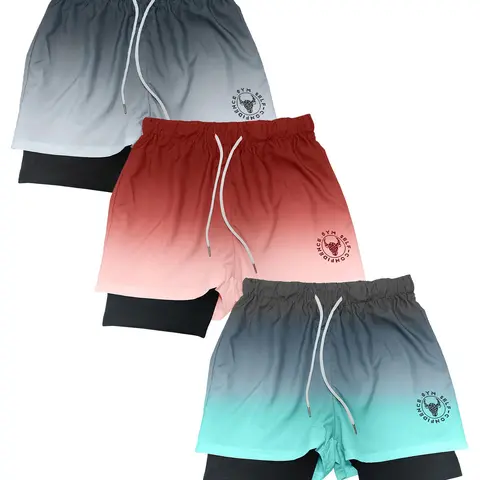 Men's 2-In-1 Ombre & Letter Print Drawstring Waist Shorts, Casual Soft Comfy Regular-Fit Straight Leg Shorts, Summer Streetwear, Graphic Streetwear Shorts, Athleisure Shorts, Sports Shorts for Daily Outdoor Wear, Men's Bottoms
