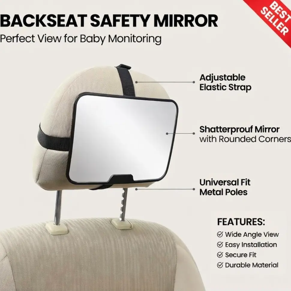 Backseat Baby Car Mirror - Shatterproof Wide-View Adjustable Strap Rear-Facing Car Seat Mirror for Infant Monitoring, 360-Degree Adjustable Easy-Install Universal-Fit Automotive Safety Accessory