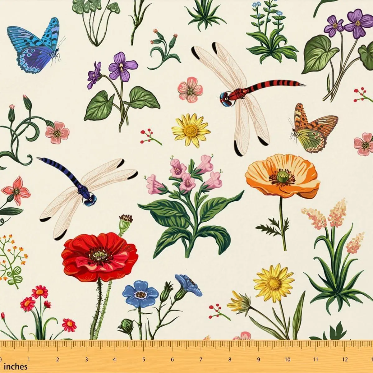 Poppy Fabric Wild Dragonfly Butterfly Retro Flowers Fabric Sewing Lovers Watercolor Sunflowers Plants Rustic Style Fabric DIY Soft Flannel Polyester No Stretch