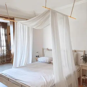 Boho Style White Chiffon Bed Canopy, 1 Count Bed Mosquito Netting with 4 Hooks & 2 Poles, Bedding Accessories for Home Bedroom & Hotel & Dormitory