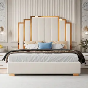 Queen/King Upholstered Velvet Bed Frame With Gold Trim Headboard, Sturdy Modern Platform Design, No Box Spring Required, White