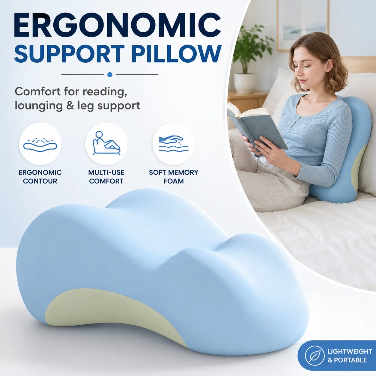 Ergonomic Memory Foam Contour Pillow, Multi-Purpose Body Cushion for Neck-Back-Waist-Leg Support, Pressure Pain Relief, Side Sleepers, Bed & Sofa Use, Full Body Alignment Aid