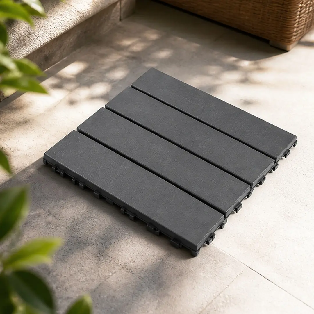 12x12 Inch Dark Gray Polypropylene Interlocking Deck Tiles, 44-Pack Waterproof Outdoor Patio Flooring, All-Weather Plastic Terrace Tiles for Garden, Balcony, Poolside, Backyard, Easy Install Snap-Together Decking Squares, Dark Gray Color Options,camp