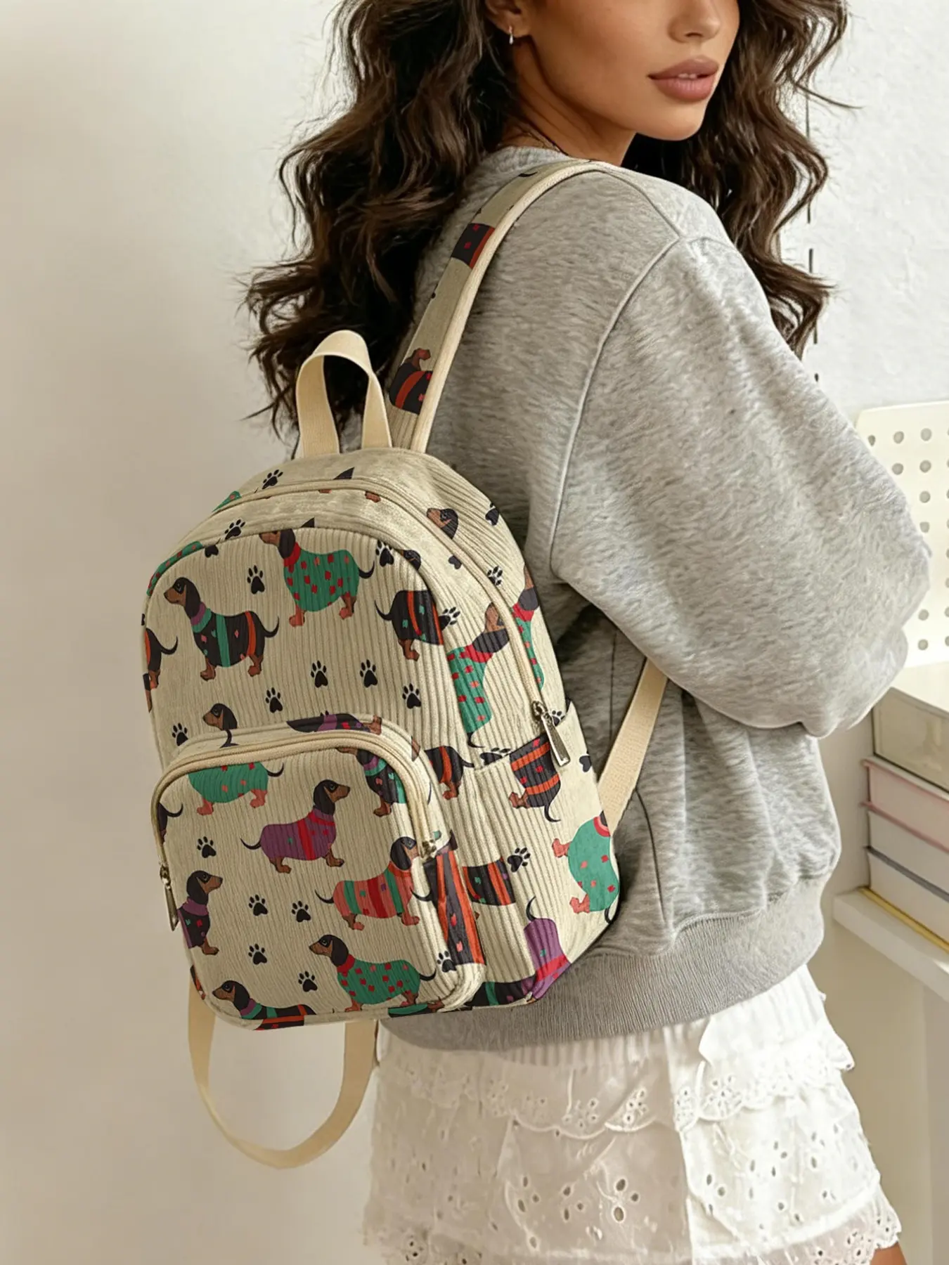 Lady's backpack with 2D printed dachshund pattern, Casual printed backpack, Casual Lightweight Backpack, chenille texture + layered storage + light weight, perfect for students to go to class/shopping/short trips