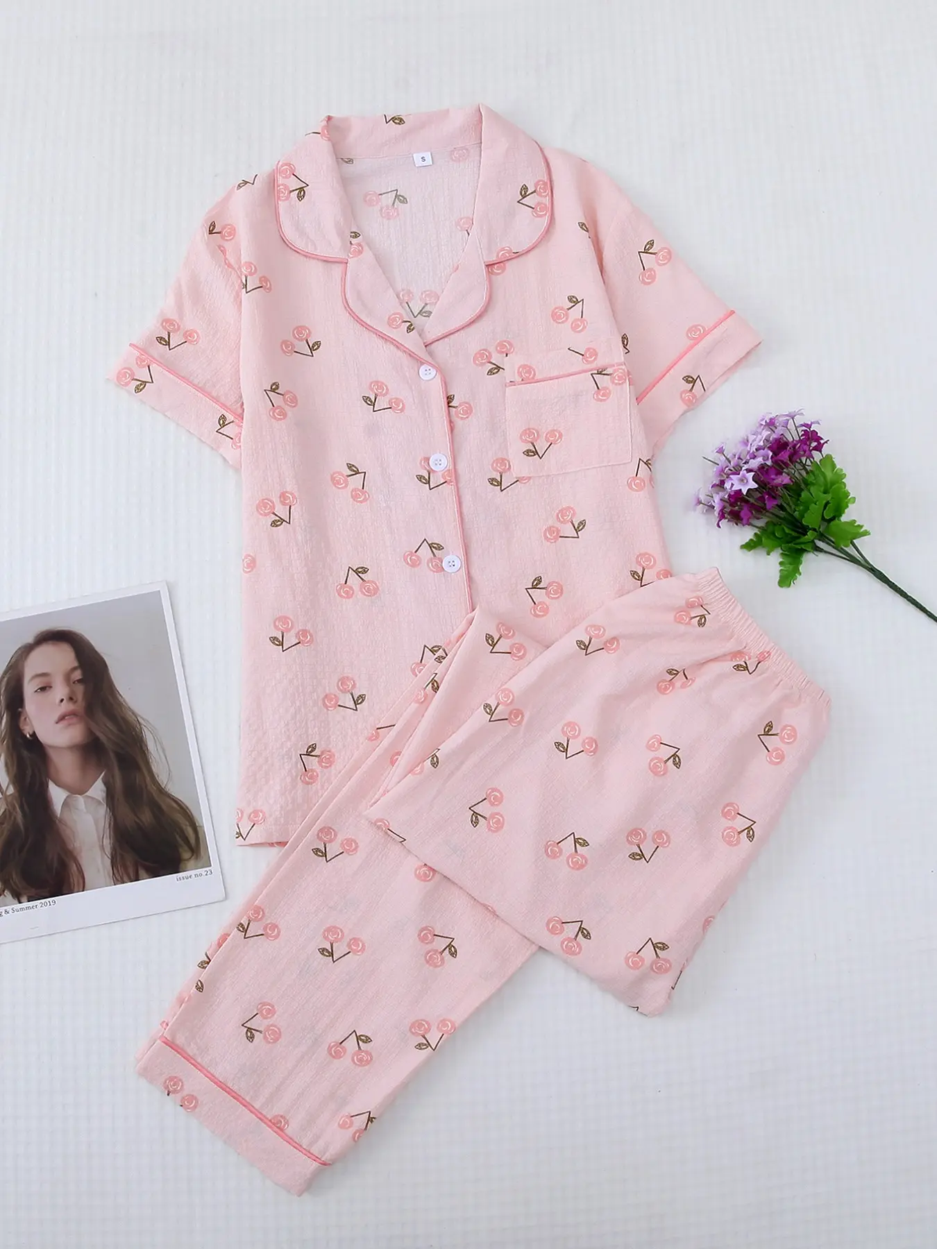 Women's Cute Butterfly Pattern Pyjama Set, Two-Piece Fitted Sleepwear, Short Sleeve Open Front Top & Long Pants, All Seasons Comfortable Home Wear, Cherry