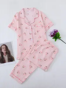 Women's Cute Butterfly Pattern Pyjama Set, Two-Piece Fitted Sleepwear, Short Sleeve Open Front Top & Long Pants, All Seasons Comfortable Home Wear, Cherry