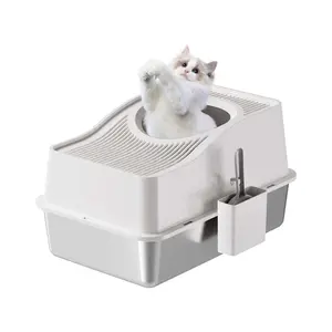 Extra-Large Stainless Steel Enclosed Litter Box (High-Sided Design) — Top Entry, Removable Lid, Odor Control & Anti-Stick, Easy Cleanup, Splash-Proof Design, Includes Scoop & Mat, Suitable for Cats Up to 33 lbs, Dimensions 60 x 40 x 39.5 cm - Gray, Stainl