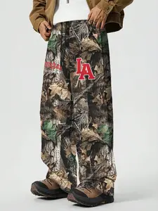 1pc Men's Real Tree Camo Track Pants LA Letter Graphic Print Dropped Crotch Wide Leg Loose Fit Baggy Streetwear Trousers For Daily Outfits