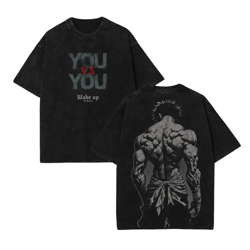 Men's Baki Hanma Anime Double-Sided Graphic Short Sleeve Round Neck T-Shirt - 100% Heavyweight Cotton Loose Menswear Apparel, Laser-Guided Digital Prints, Machine Washable, Gender-Neutral Sizing, Streetwear Casual, Vintage Washed