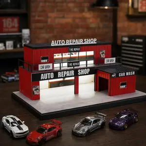 1:64 Container Auto Repair Shop Diorama White Light LED Diecast Display Showcase Dual-Bay Car Wash Garage Scene PVC Desk Decor For Collectors 1/64 JDM Alloy Vehicle Parking Organizer Man Cave Gift