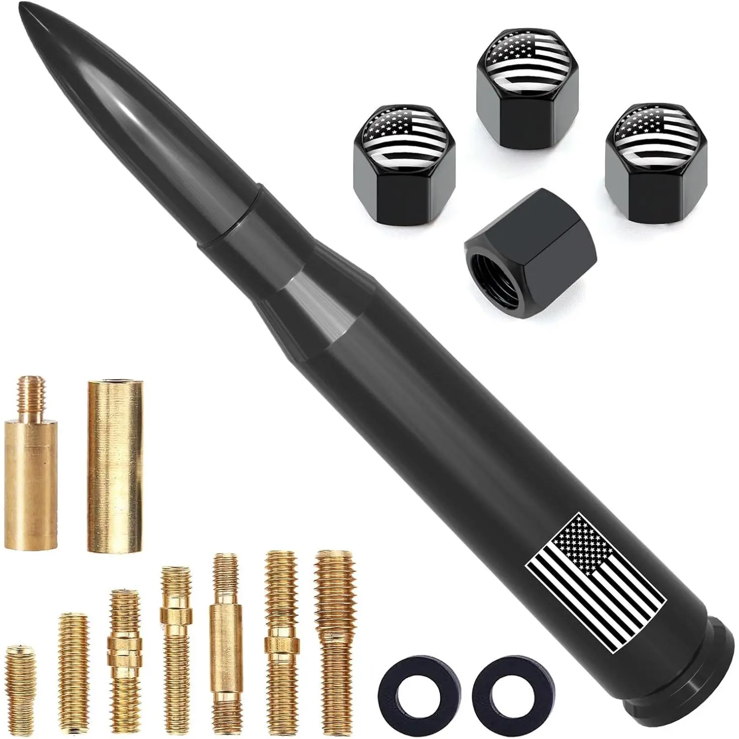 Black Universal Short Car Truck Antenna with American Flag Tire Valve Caps - Replacement for GMC Sierra, Chevy Silverado, Dodge Ram 1500-3500, Ford F150-F350 Super Duty Raptor Radio Accessories