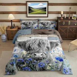 Highland Cow Bedding Set,Colorful Flowers Comforter Set for Kids Teens Adults Room Decor,Rustic Farmhouse Barn Wooden Quilt Set,Nature Animals Plants Duvet Insert,Blue Grey