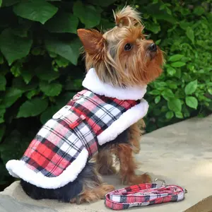 Red & White Plaid Dog Coat – Warm Fleece Lining & Leash Set
