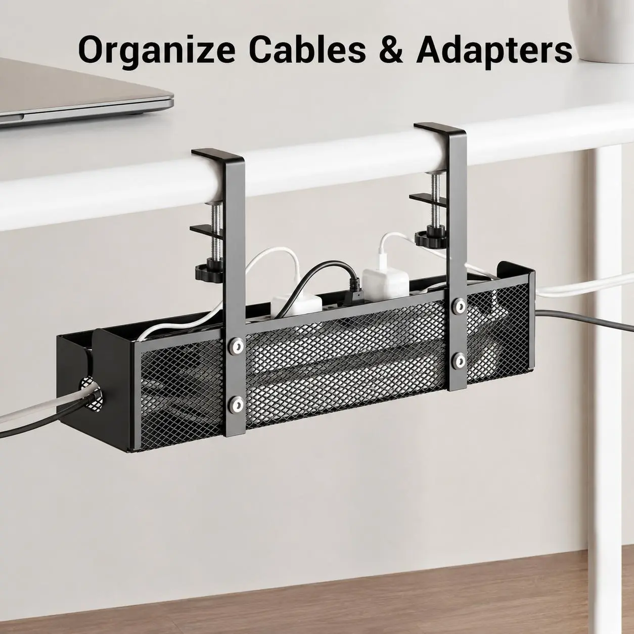 Clamp-style metal cable organizer for under the desk, no drilling required; suitable for home and office use. Stores power strips and various cables, tidies up messy wiring, and combines cable organization with desktop storage.