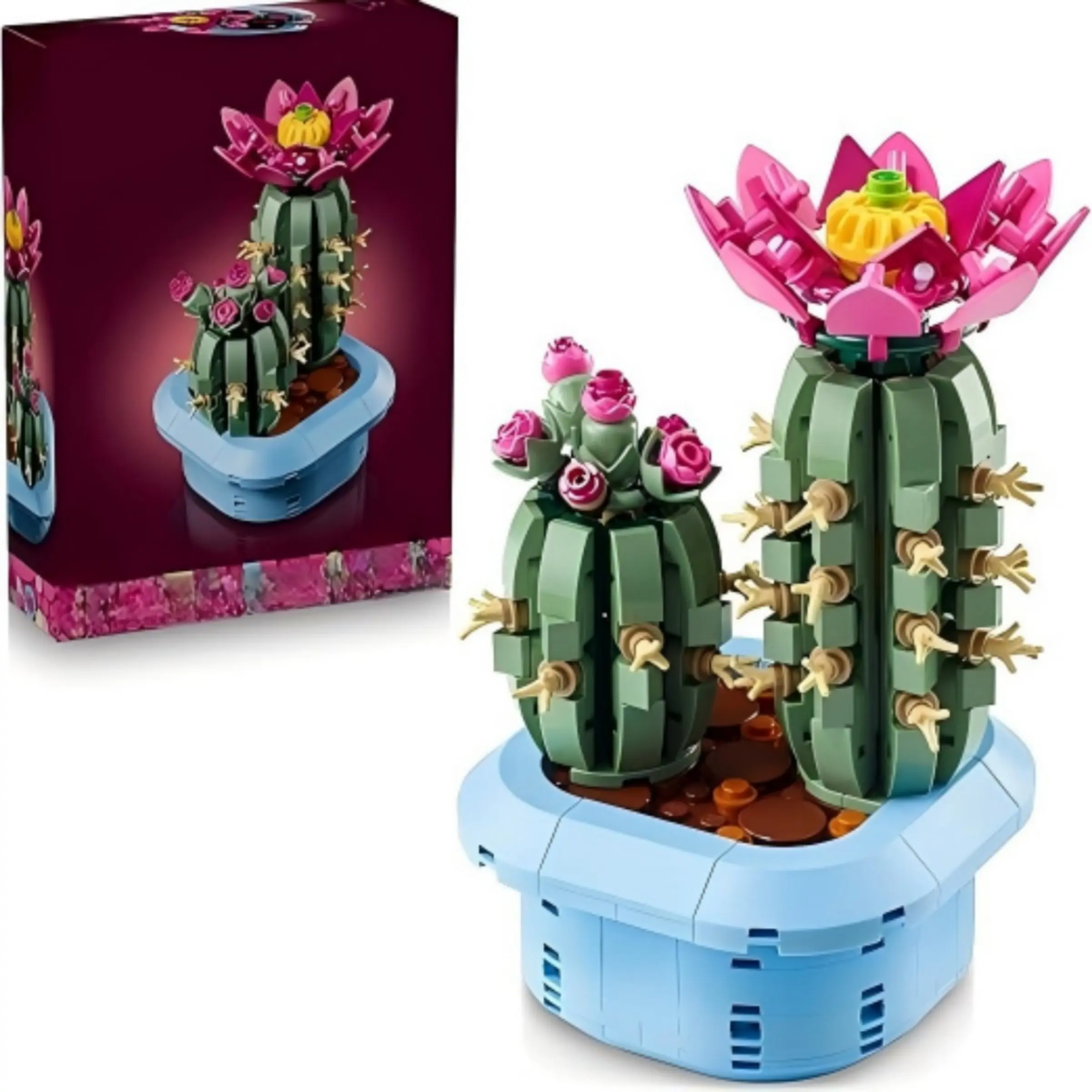 Flowering Cactus Building Blocks Craft Kit, Artificial Plant Model for Home Bedroom Bookshelf Display Decoration, Birthday Gift Idea