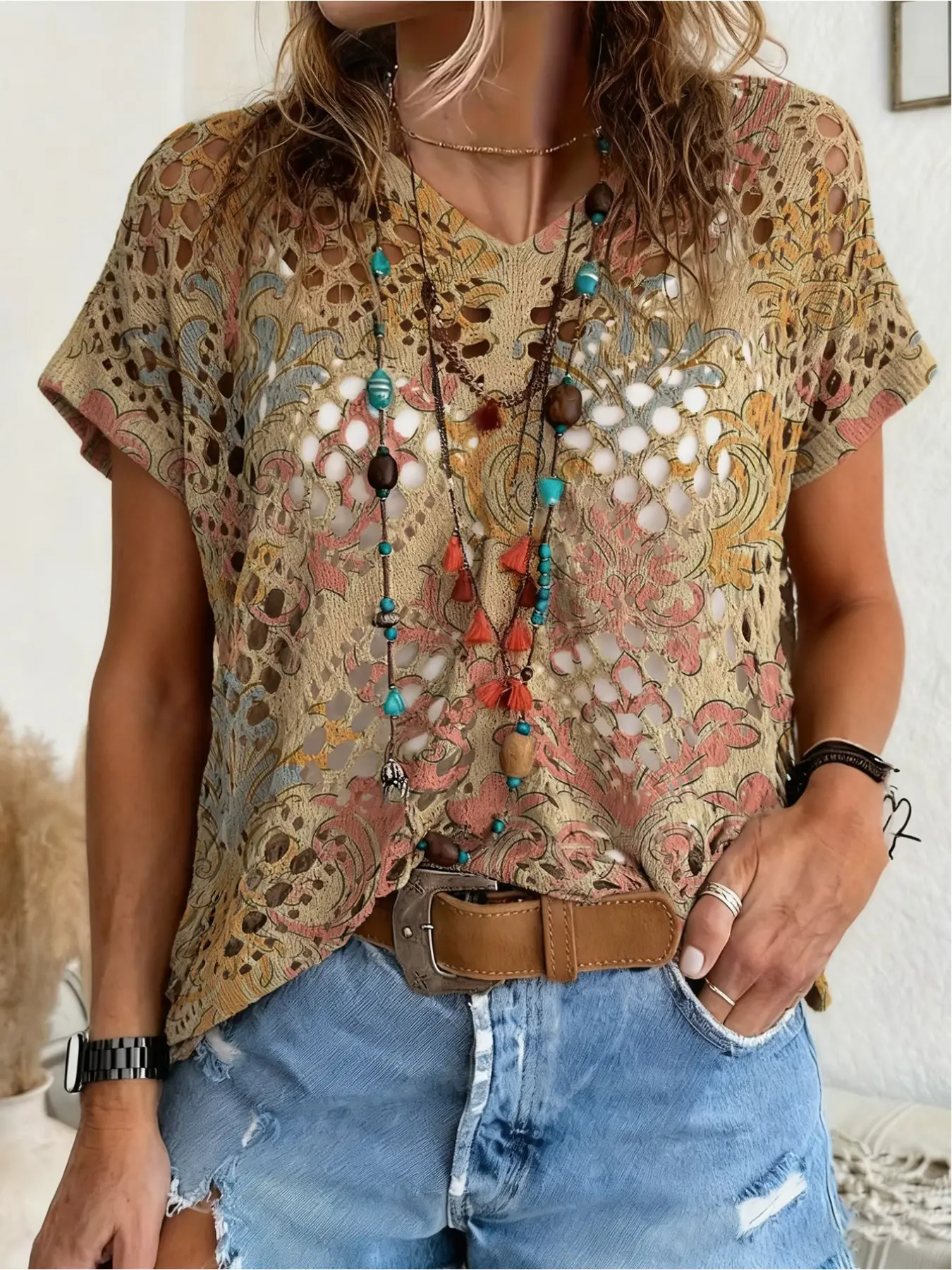 Spring/Summer, V-neck diamond hollow loose batwing short sleeve cover-up, contrast Baroque print women's knitted top, vacation style, bikini cover-up, Swimwear Cover Up, Swimsuit Cover Up, Beach Cover Up