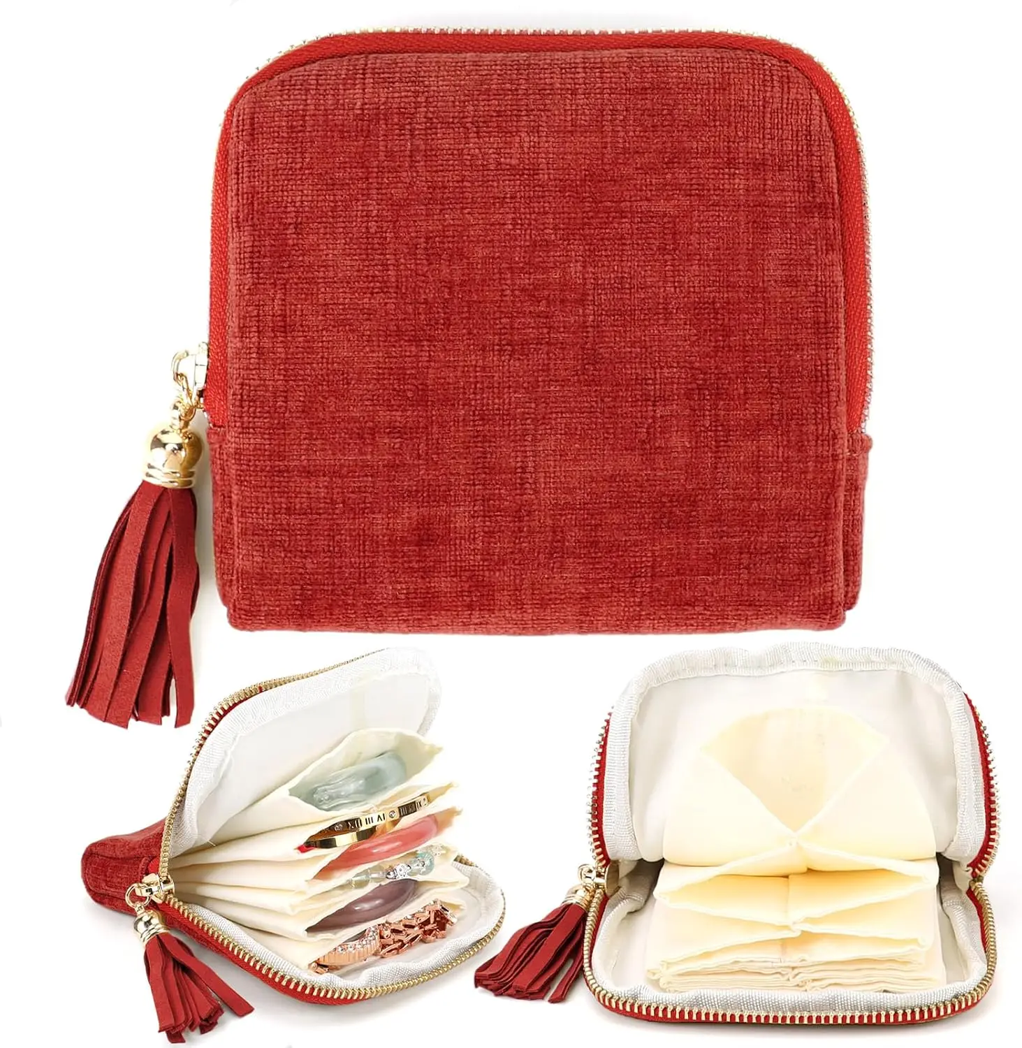 （Terracotta Red）Travel Jewelry Case, Portable Soft Jewelry Bags, Organizer Pouch with 6 Compartments Pocket, Anti-Scratch Storage Holder for Bangle Bracelets Earrings Necklace, Women Gifts