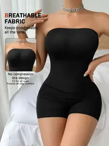 1 Count Strapless Shortie Bodysuit Tummy Control Shapewear Ultra Stretch Fabric Smooth Comfortable Fit with Moderate Support for Women, Underwear, Black Basic Style Bodysuit, Butt Lifting And Body Shaper, Suitable For Daily Or Party,Date