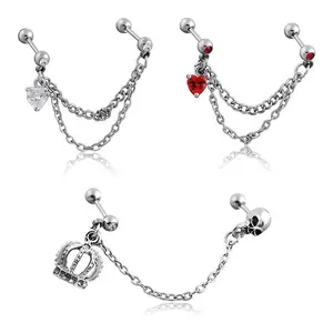 3 Pcs Chain Industrial Barbell Earrings Set, Stainless Steel Crown Heart Skull Dangle Industrial Piercing Jewelry, Punk Industrial Cartilage Earrings for Men Women