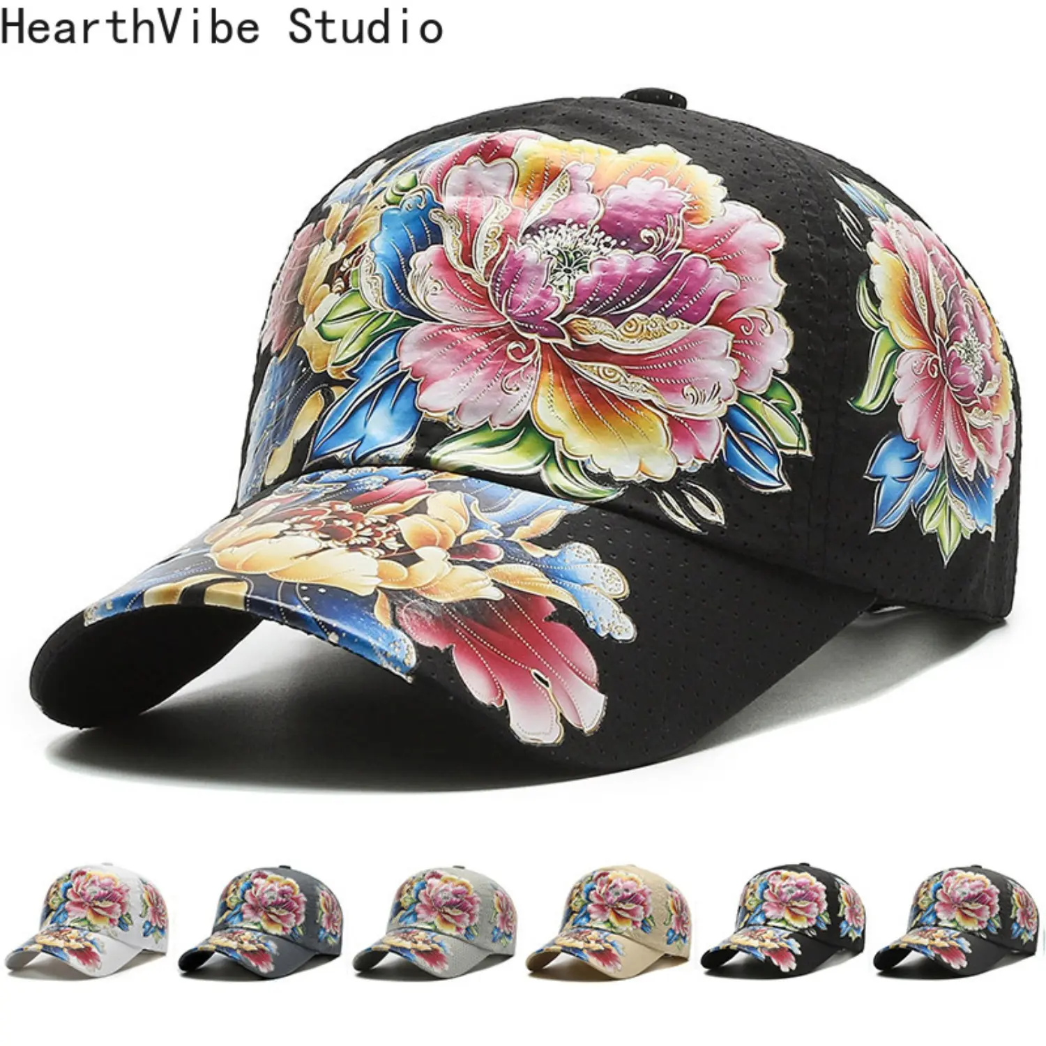 Unisex Chinese-Style Floral Polyester Cap - Adjustable Stylish Hat, Flat Bill Hat, Quick-Drying, UV-Resistant, Adjustable Size, Outdoor Sports Headwear for Women, Flat Bill Hats, Floral Details Add Gentle Charm